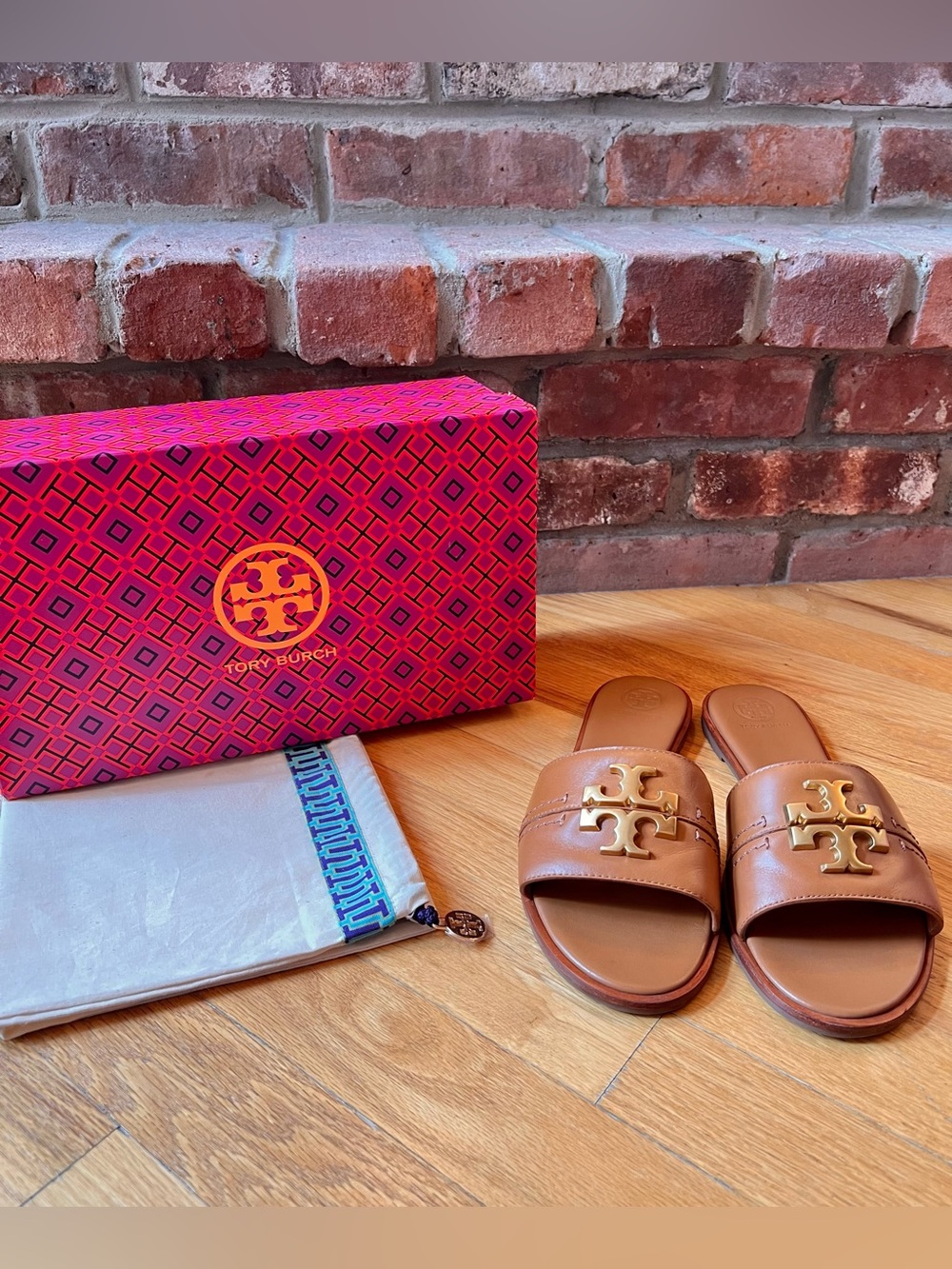 Tory Burch Tan Everly Leather Slide Sandals